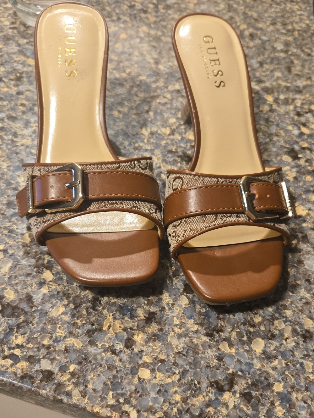 GUESS Brown Logo-Trim Slide Mules with Buckle